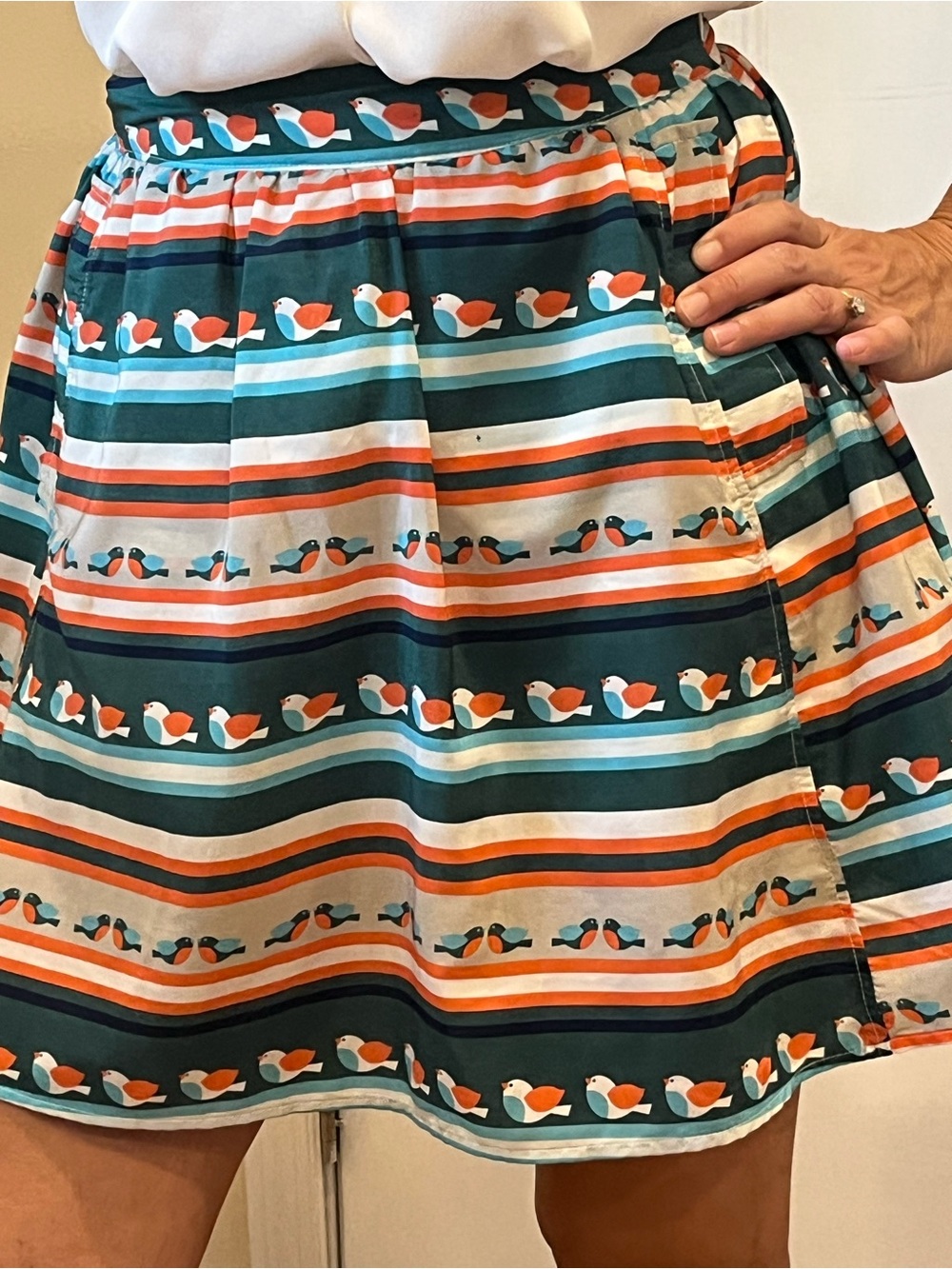 Maude Striped Circle Skirt with Birds in Teal, Coral/Orange and Cream Vintage